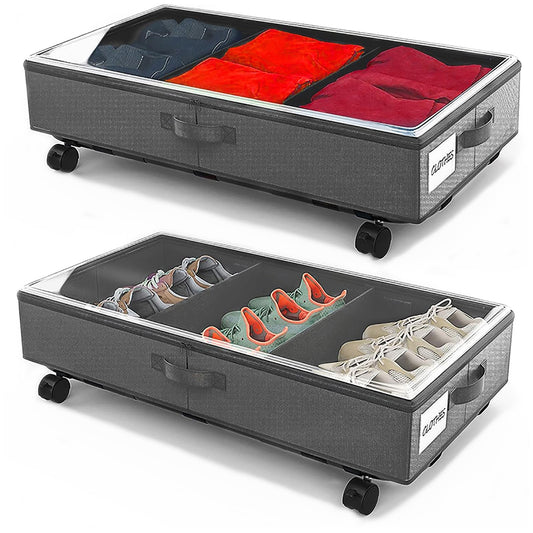 2 Pack Under Bed Storage Rolling Metal Frame Underbed Containers with Wheels Lid Visiable Window Storage Bag Box Organizer Home Closet Organization