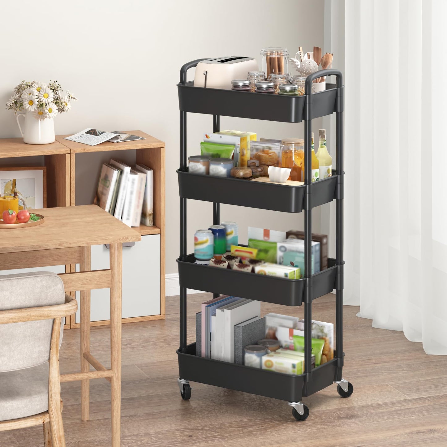Sywhitta 4-Tier Plastic Rolling Utility Cart with Handle, Multi-Functional Storage Trolley for Office, Living Room, Kitchen
