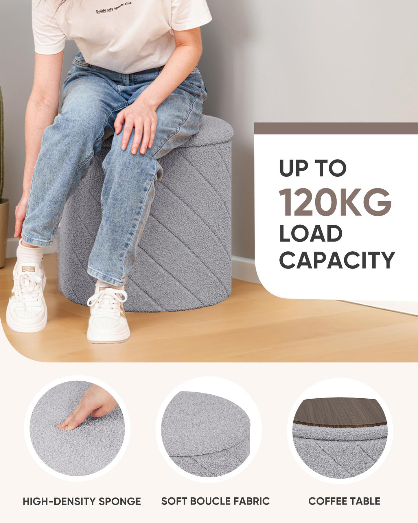 Bonlife Round Ottoman Stool with Storage, Folding Footstool with Lid,Boucle Vanity Stool for Living Room,Bedroom,Entryway,Grey,43x43x45cm