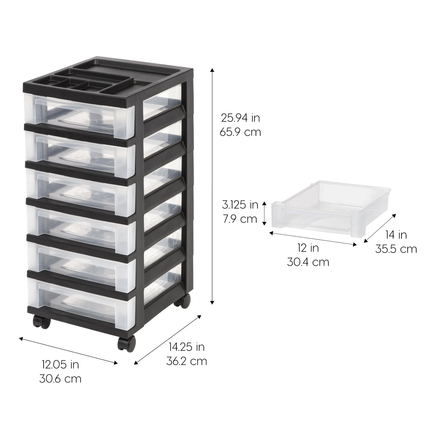 IRIS Plastic Storage, Rolling Cart with Organizer Top, Black, 6 Drawer