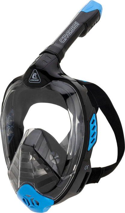 CRESSI Bali Full Face Mask Black/Blue S/M - Unisex Integral Snorkel Mask, Anti Fog Clear Lens, 100% Silicone, Dry Snorkel with Float Valve, Action Cam