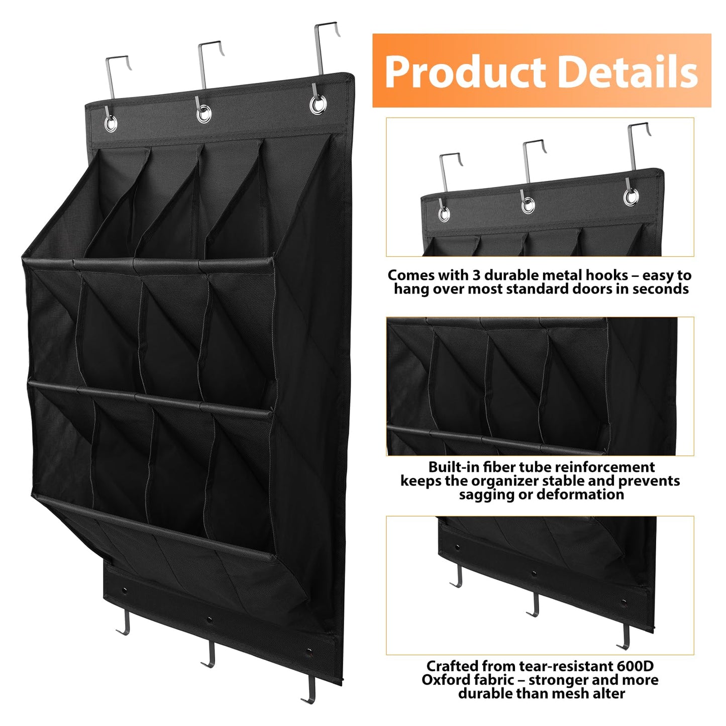 FitRepa Hanging Shoe Storage with 12 Pockets Storage Over Door Shoe Rack, Door Shoe Rack Hanging with 3 Metal Hooks and 3 Self-Adhesive Hooks for