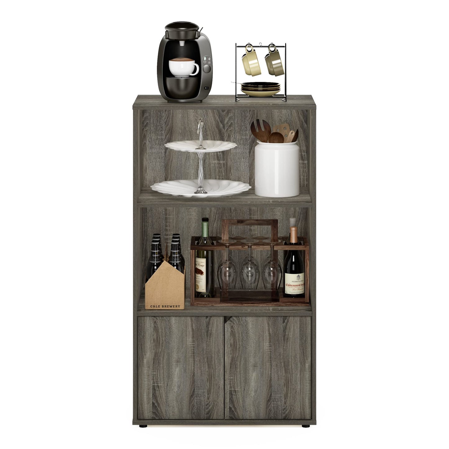 Furinno JAYA Pantry Organizers, 3-Tier Kitchen Cabinet, Coffee Bar, Kitchen Storage with Open Shelves and Closed Cabinet