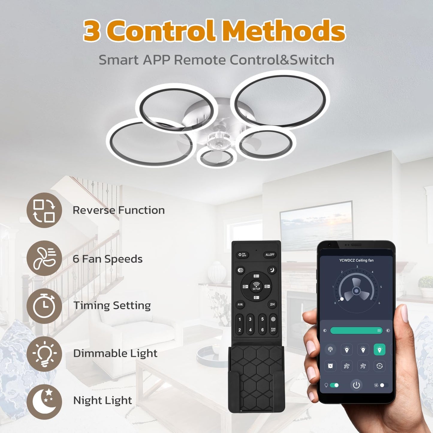 ycwdcz Black Modern Ceiling Fan Silent Circle Ceiling Fans with Lights and Remote DC Motor Reversible Summer Winter Mode for Bedroom Living Room