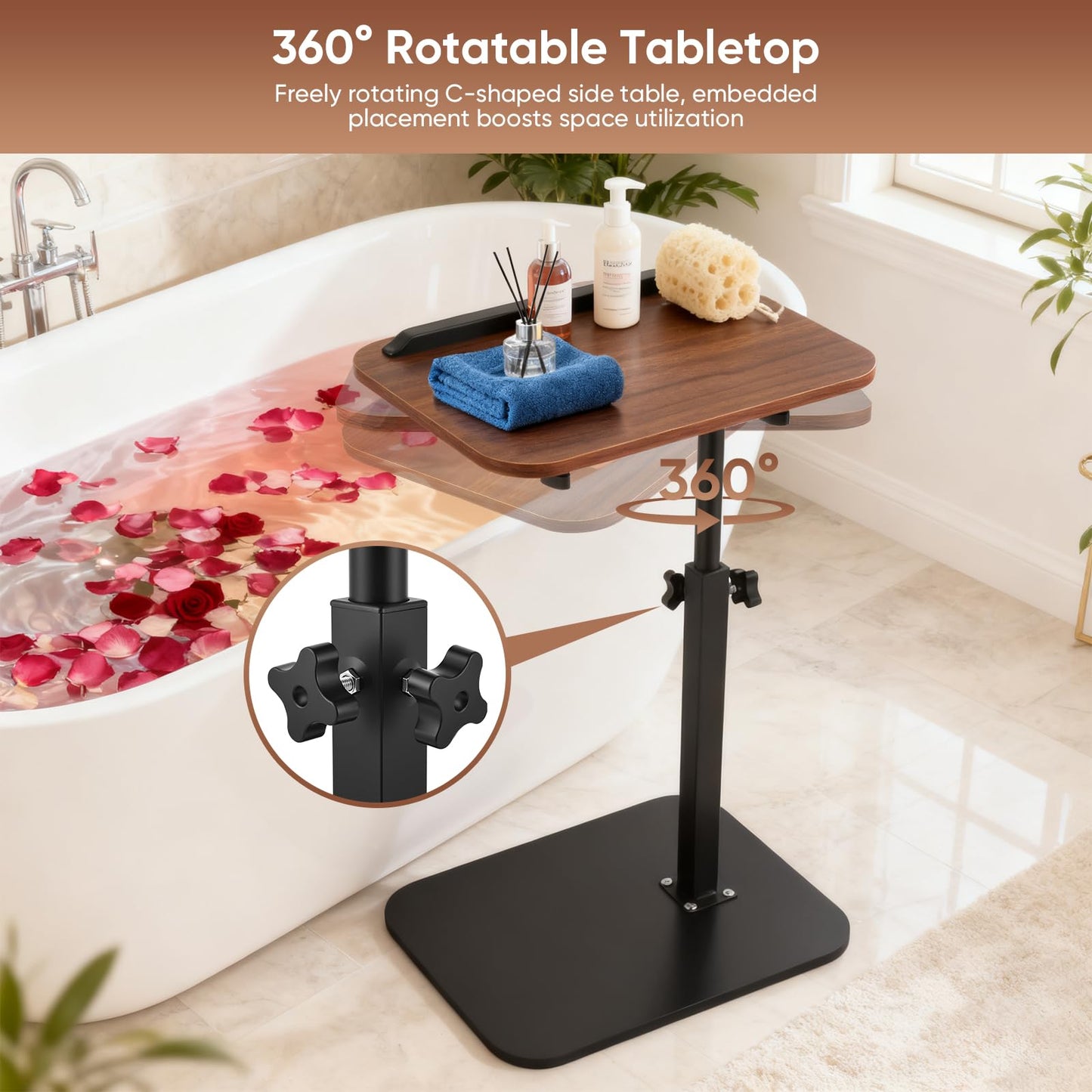 C Shaped Side Table,45-80cm Height Adjustable Bedside Table, 360°Swivel End Table, Sofa Side Table, Modern Small Coffee Table