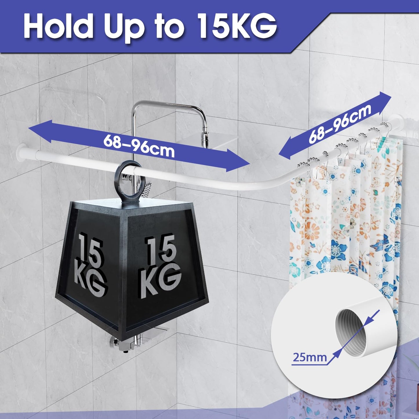 WELDUN L-Shaped Shower Curtain Rod, 68-96cm × 68-96cm Stainless Steel