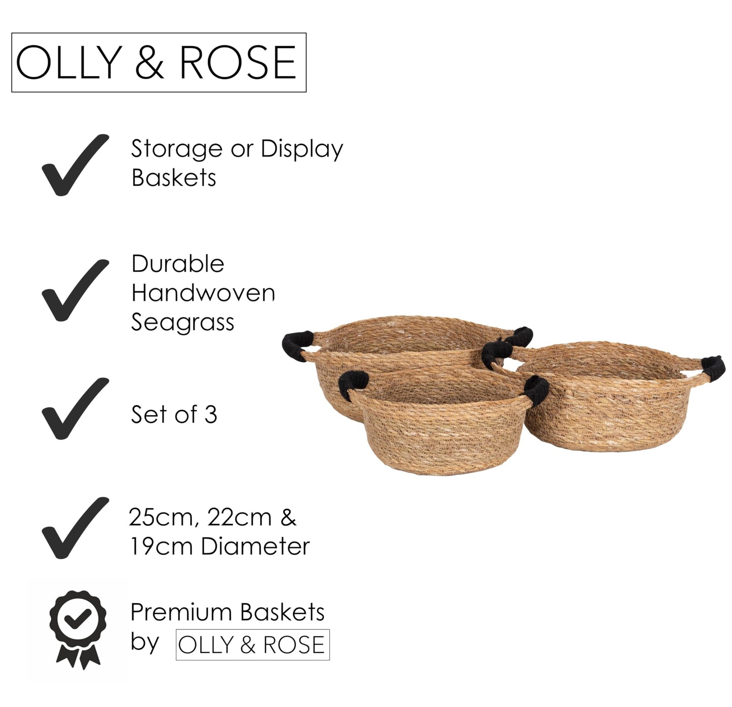 Olly & Rose Set 3 Natural Seagrass Storage Baskets with Black Handles - Durable 25,22,19cm Premium Home Decor