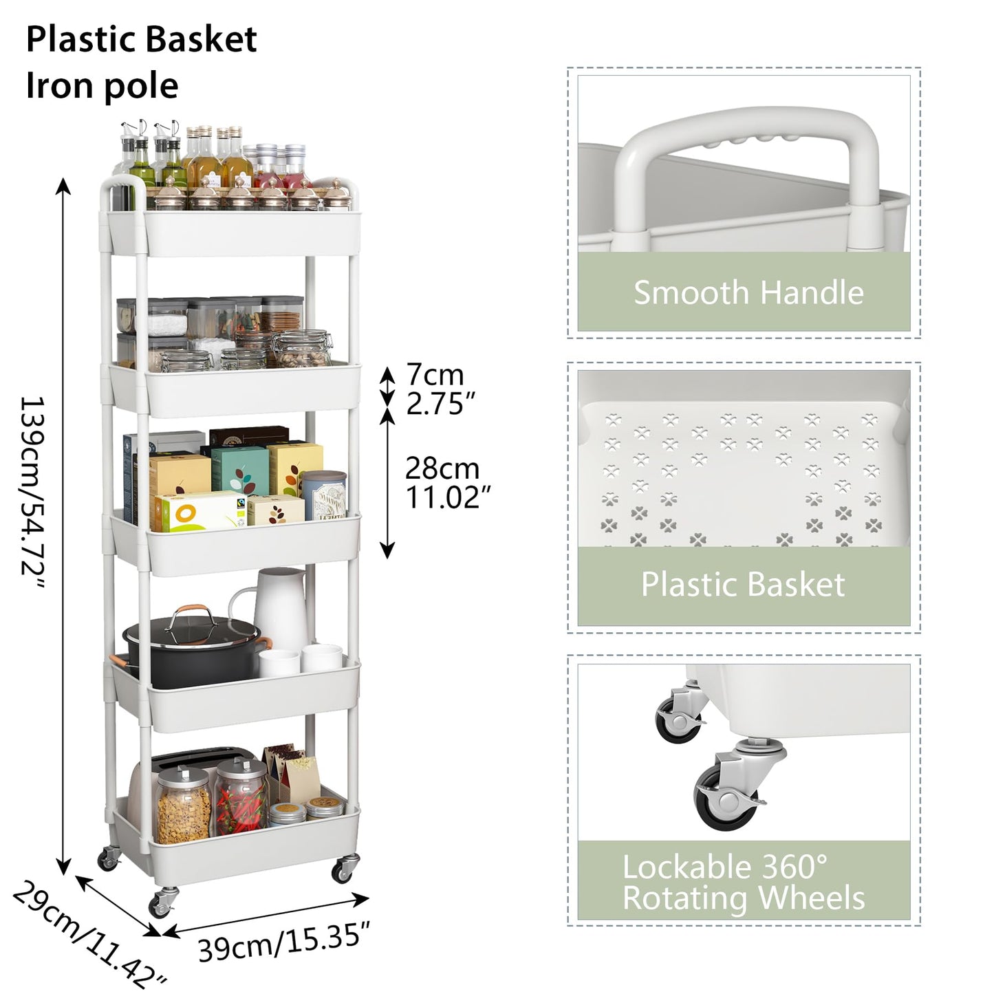 Sywhitta 5-Tier Plastic Rolling Utility Cart with Handle, Multi-Functional Storage Trolley for Office, Living Room, Kitchen