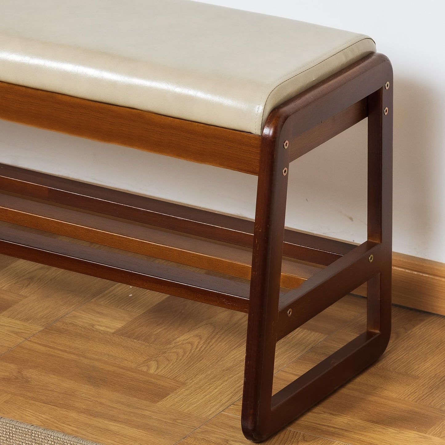 SOBIBO Solid Wood Shoe Bench, 2-Tier Entryway Bench with Cushion and Flip-Open Storage Box, Mid-Century Modern Shoe Bench Rack for Hallway
