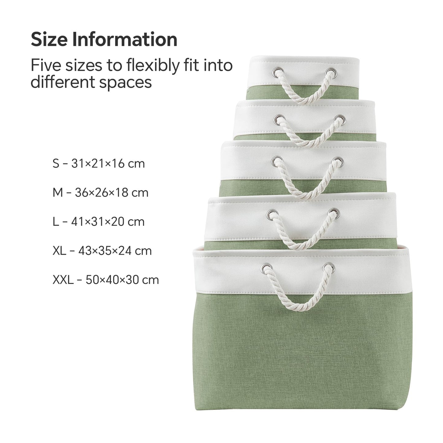 Mangata Soft Fabric Storage Basket with Handles, Multi-Size, Rectangular Linen Organiser Box for Shelf & Wardrobe, 31x21x16 cm, Green & White