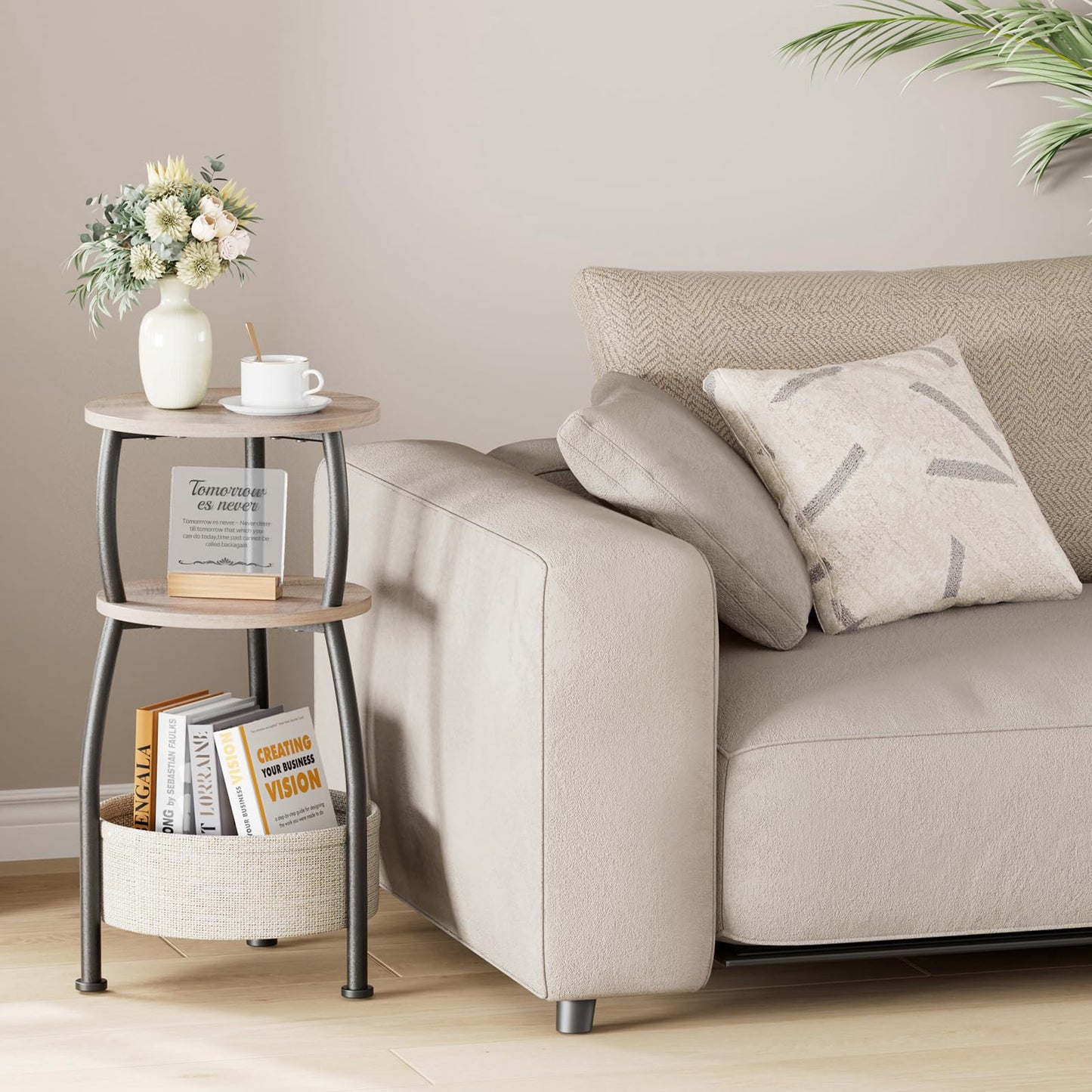 Yuede Round Side Table, 3 Tier Bedside Table, Small End Table with Fabric Basket, Coffee Table for Living Room, Bed Room, Small Space, Easy Assembly