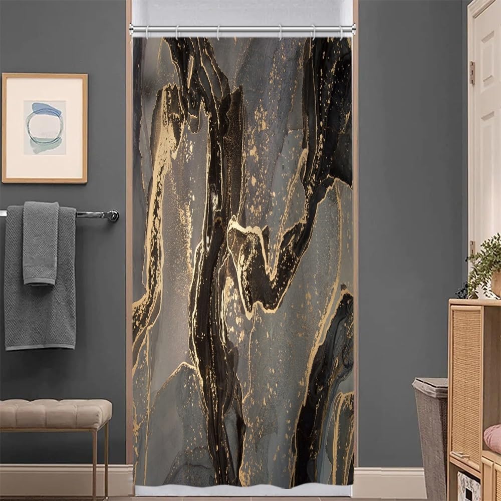 Uiiooazy Black Gold Shower Curtain, Stall Shower Curtain Abstract Marble Bath Curtain Mildew and Mould Resistant Waterproof Polyester Fabric Washable