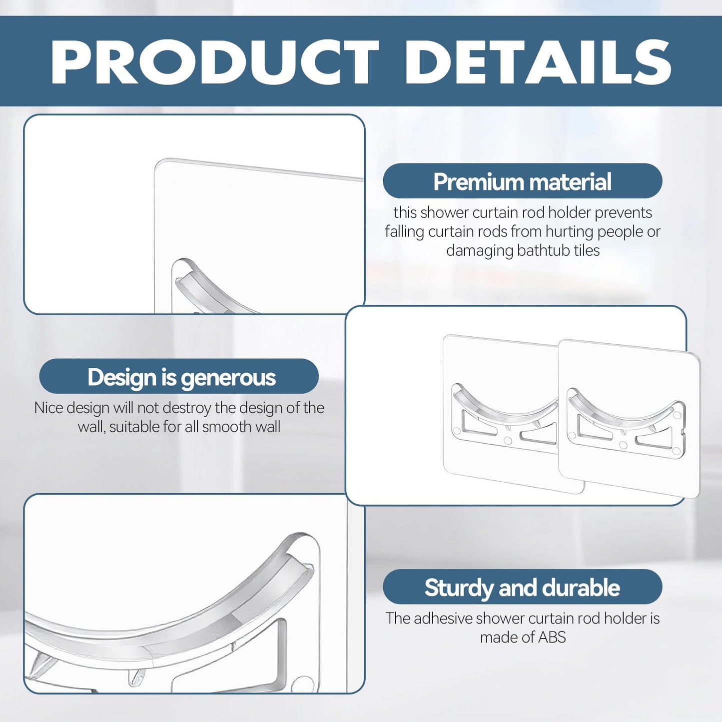 12PCS Adhesive Shower Curtain Rod Holder for Bathroom Walls, Self Adhesive Rod Holder for Shower Poles Extendable No Drill