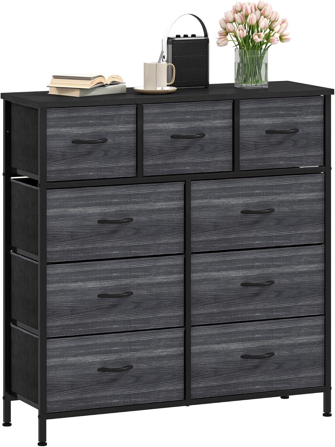 DWVO Chest of Drawers,Fabric Chest of Drawers Bedroom Cabinet with 9 Drawers,Dresser for Bedroom,Living Room With Handles,Wood Top and Sturdy Steel