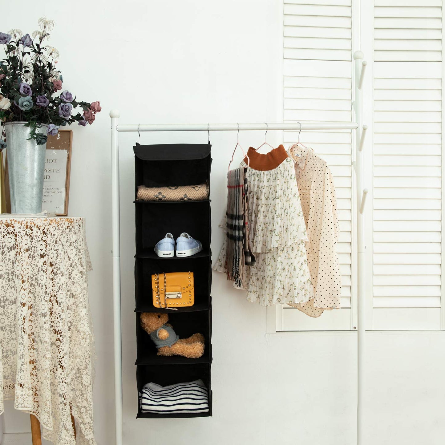 BrilliantJo Hanging Storage with 5 Shelves Set of 2 Wardrobe Closet Organiser, Storage Shelves Unit with 6 Pockets for Clothes