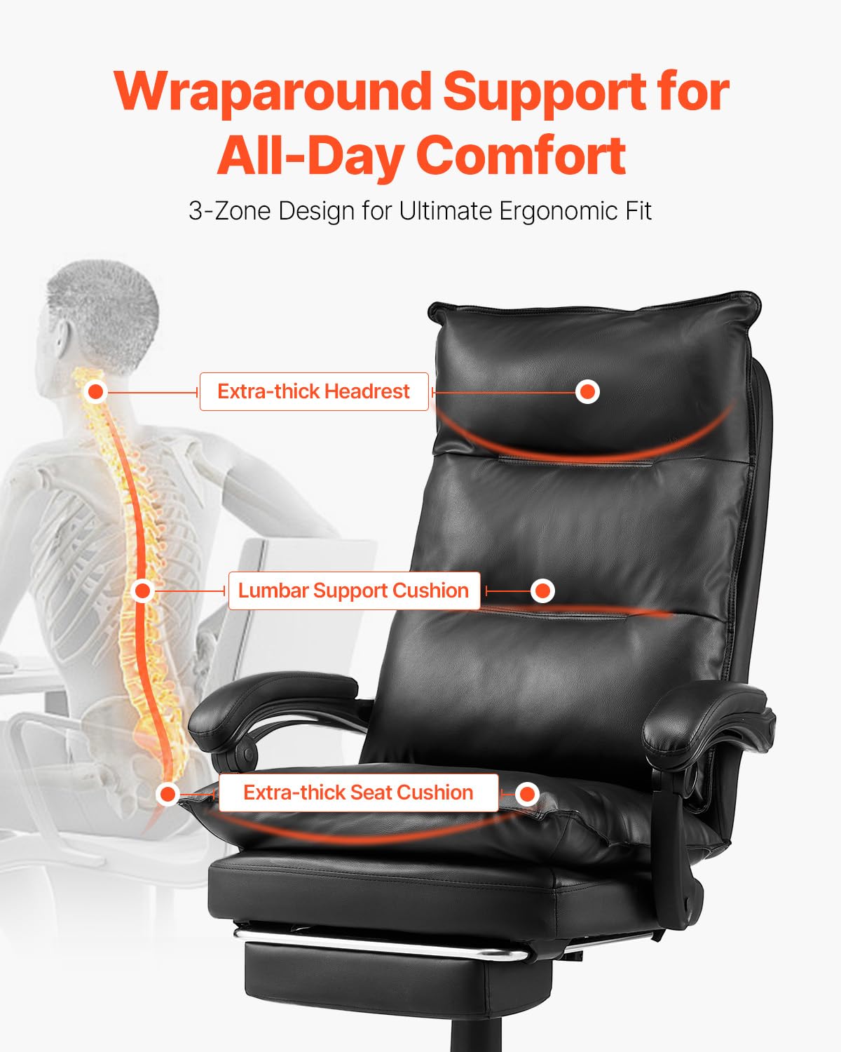 VEVOR Executive Office Chair, High Back Chair with Footrest and Lumbar Pillow, Ergonomic Desk Chair 135° Recline & Adjustable Height