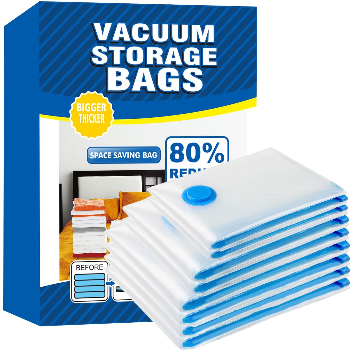 Vacuum Storage Bags - 8 Pack Reusable Strong Space Saver Compression Bags - Vacuum Pack Bags Double Zip Seal Travel Vacuum Storage Bags for Clothes