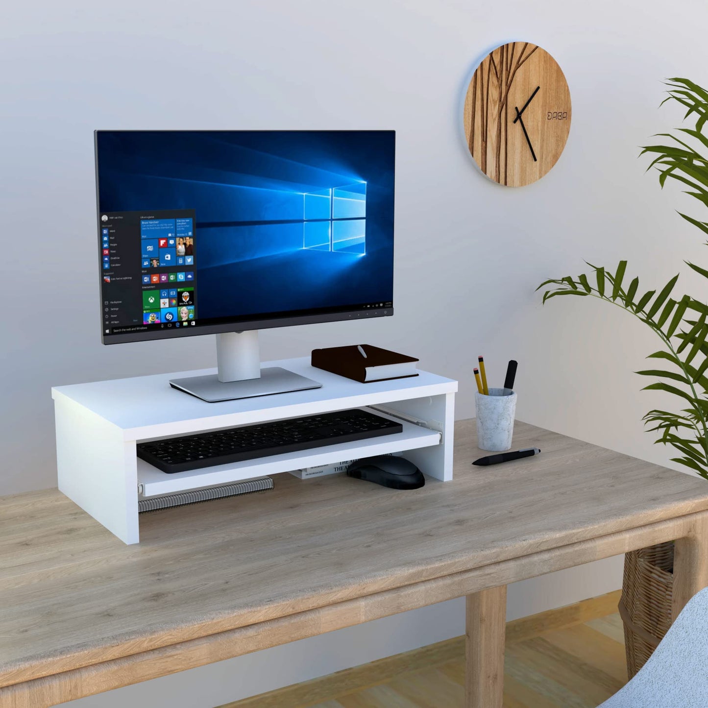 Henor Stand Monitor Riser Wooden Screen with Removable Tray 62 x 32 x 18 cm. Supports 50 kg. White.