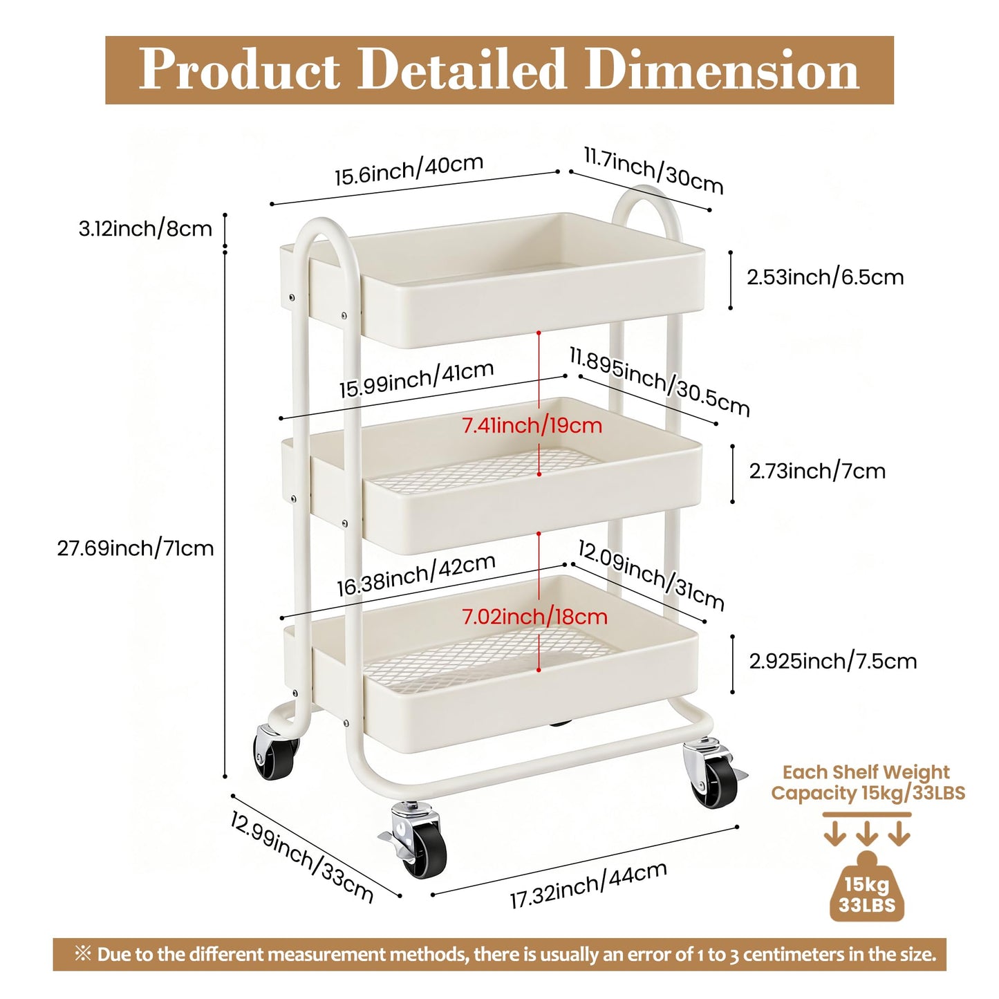 Mordchil EU 3 Tier Metal Utility Cart with Lockable Wheels for Storage, Rolling Utility Trolley Storage Cart for Home & Office, Cream