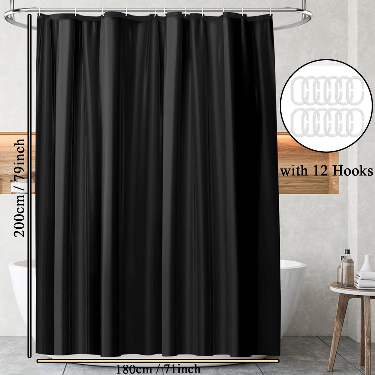 hzkais Black Shower Curtain, Mould Proof and Mildew Resistant Washable Bathroom Curtains, Shower Curtain for Bathroom, Bath Curtains with Hooks