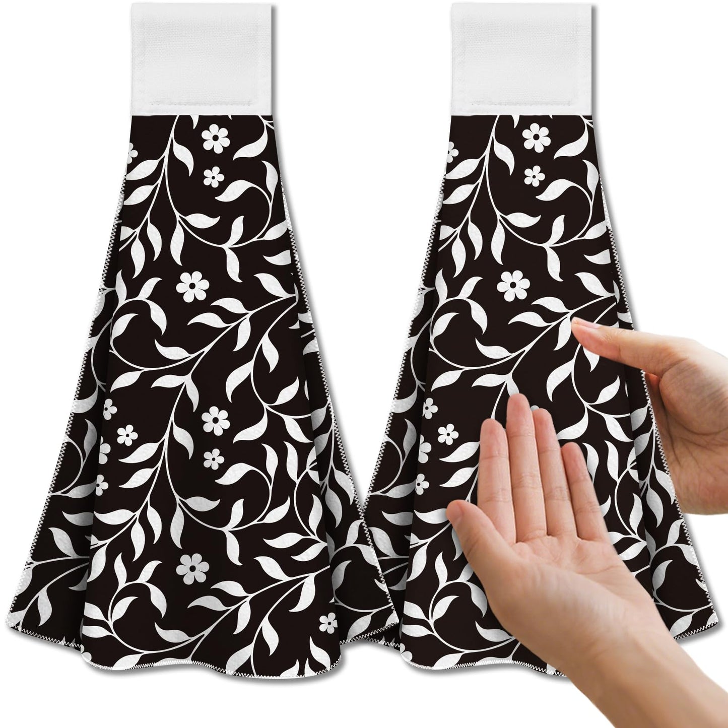 CUTHOLLOW 2 Pcs Black and White Flowers Hanging Kitchen Towels with Loop
