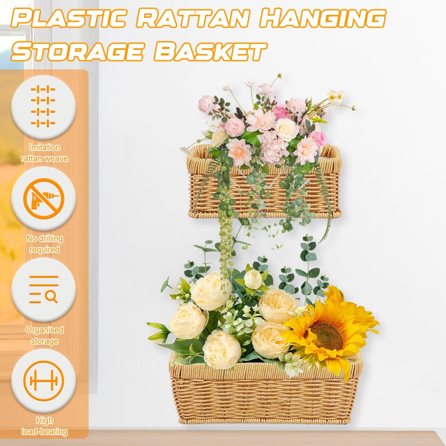 2 Pack Hanging Wall Baskets, Wicker Effect Plastic Rattan Woven Storage Baskets, Wall Mounted Organiser for Kitchen Onion Garlic