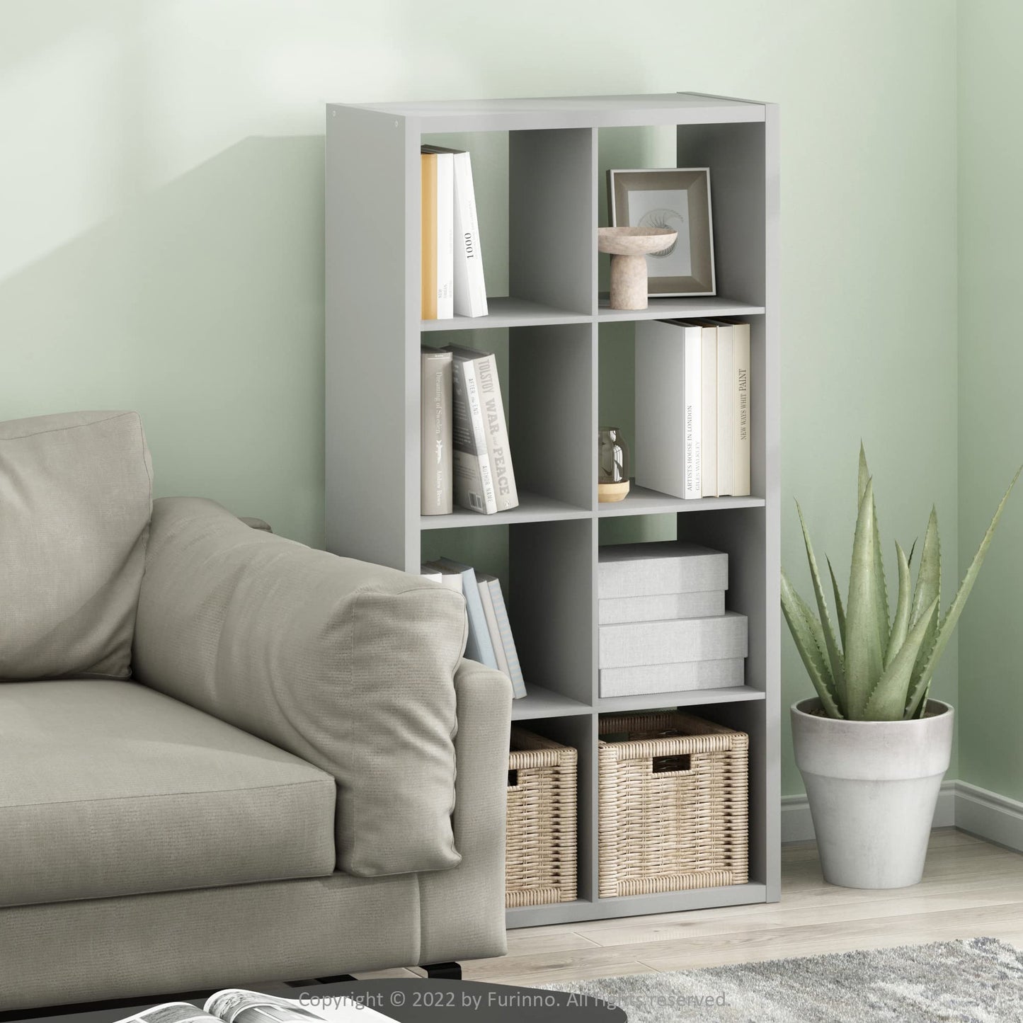 Furinno CUBICLE Book Shelf, 8-Cube Thick Frame Bookshelf, Horizontally & Vertically Reversible Bookcase with Open Back, 14.6 x 30 x 57.9
