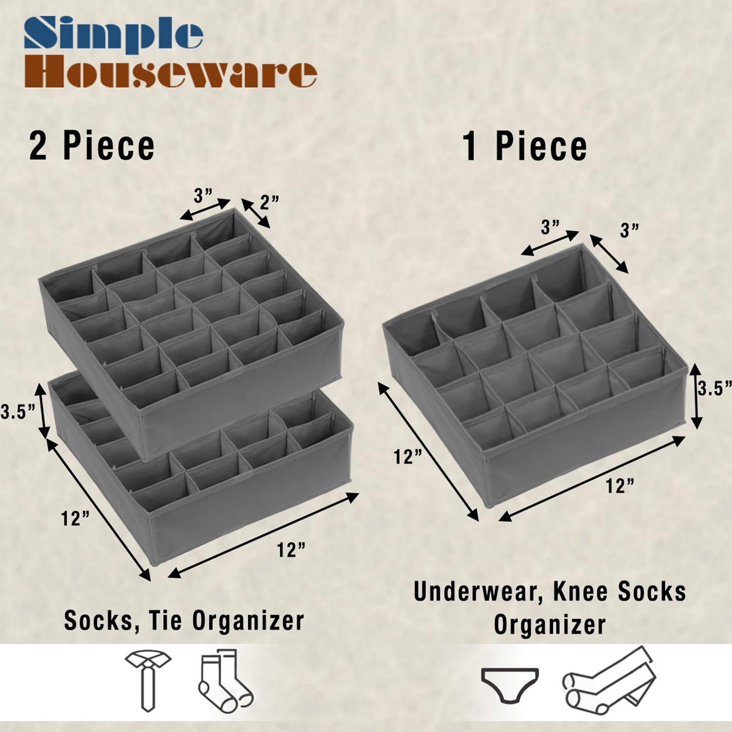 Simple Houseware Closet Drawer Organizer for Clothes, Socks and Underware, 3 Pack, Dark Grey