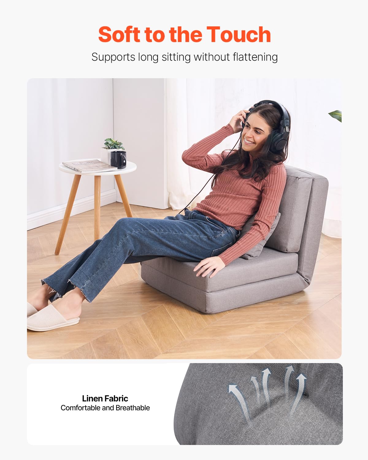 VEVOR Convertible Flip Chair, 5-Position Adjustable Floor Lazy Sofa, Folding Upholstered Couch Bed with Adjustable Backrest Metal Frame and Pillow