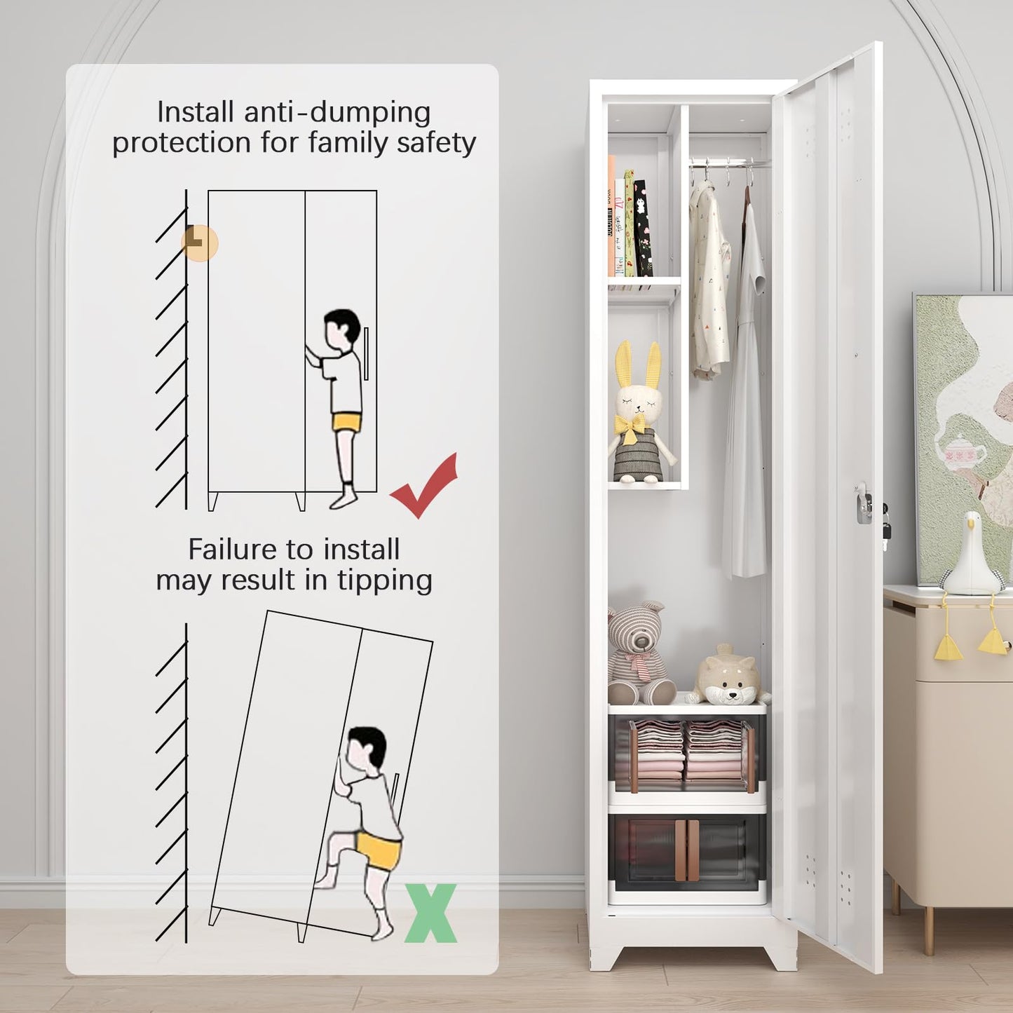 GREATMEET Broom Closet Storage Cabinet, Metal Utility Cabinet, Tall Laundry Room Cabinet, Slim Storage Cabinets for Laundry, Living Room, Office
