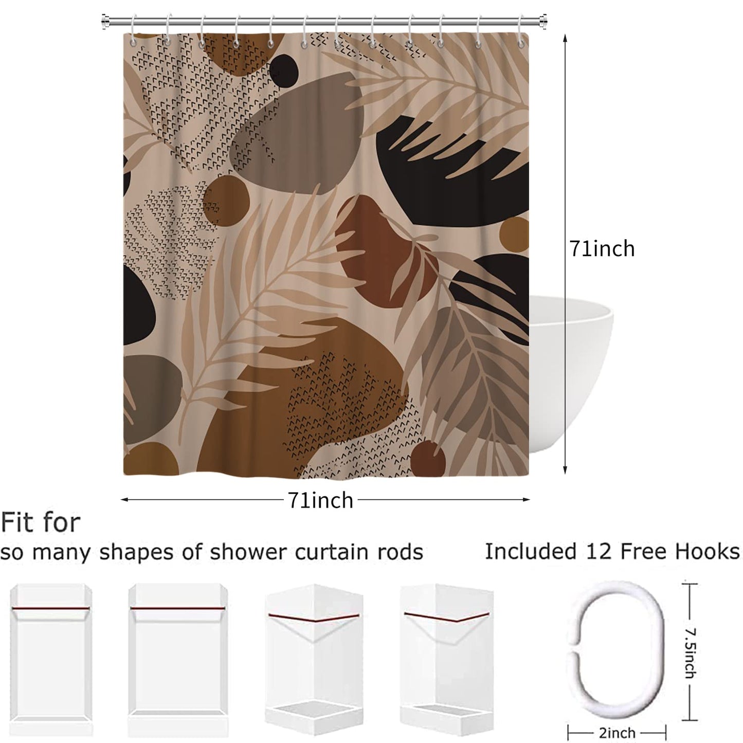 Hnmdmyi Boho Shower Curtain 180x180, Abstract Leaf Plant Brown Bathroom Curtains Mid Century Modern Minimalistic Geometric Aesthetic Art Waterproof