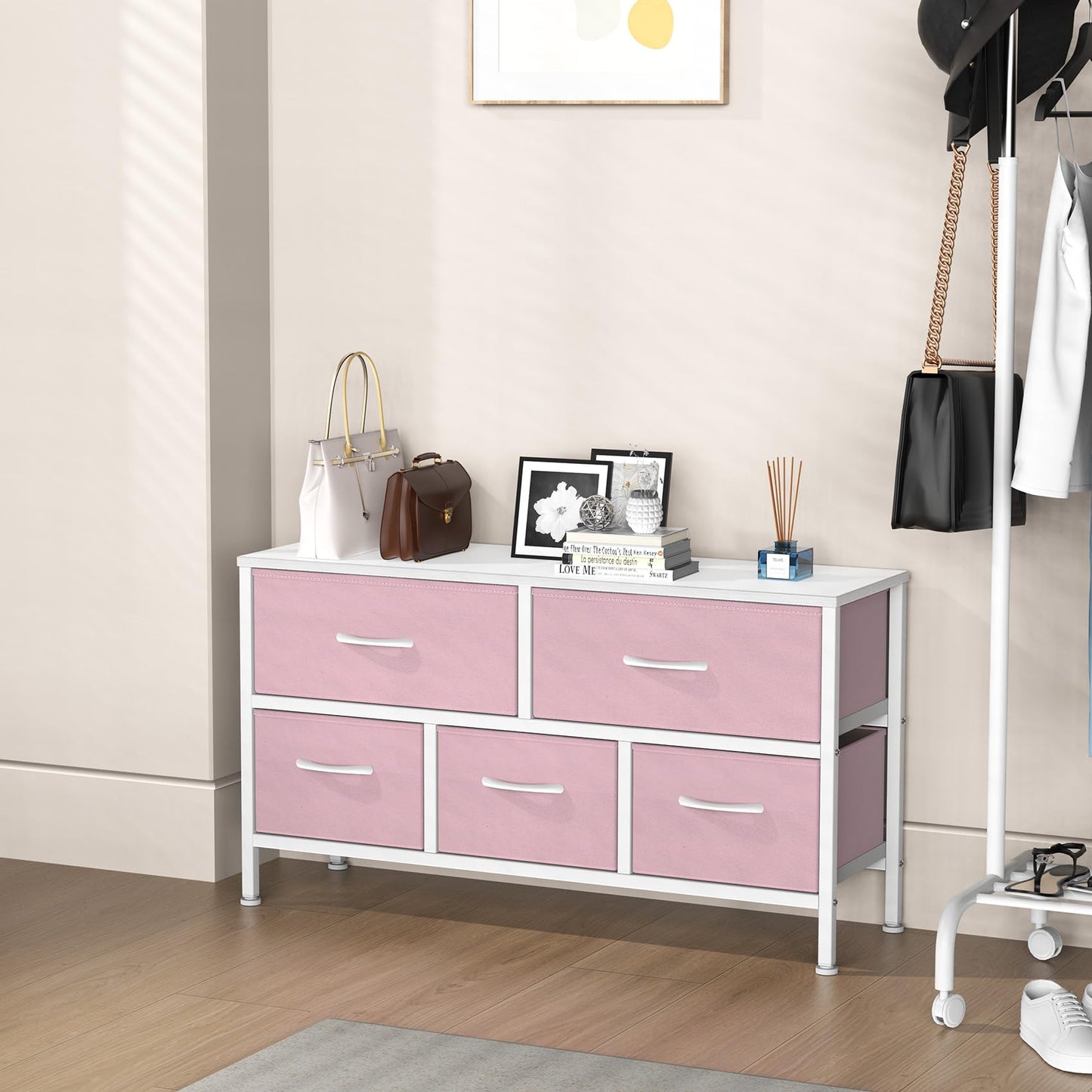 Feonase Bedroom Chest of Drawers, 5 Fabric Drawers Dresser with Metal Frame and MDF Top Board, Modern Storage Unit for Bedroom Living room, Entryway
