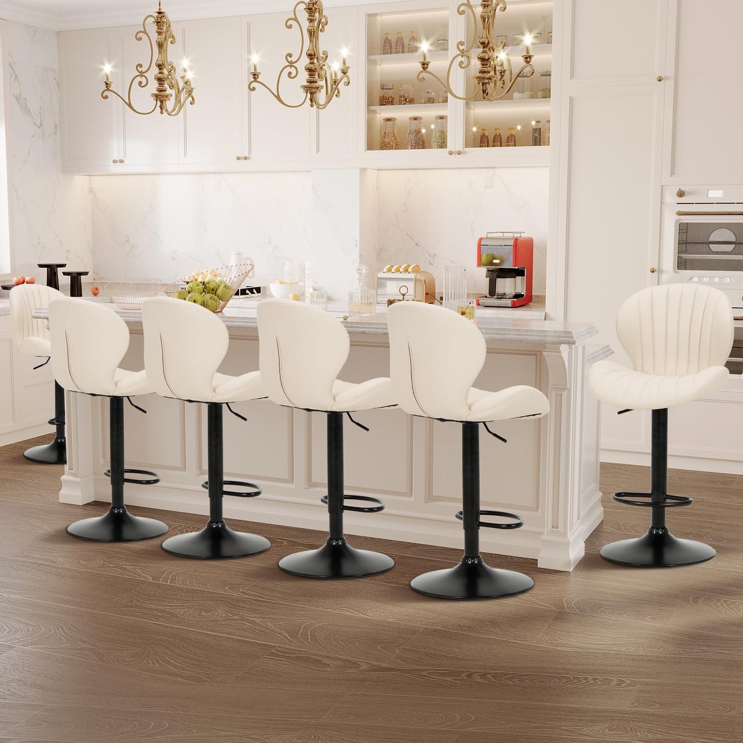 COLAMY Breakfast Bar Stools Set of 6, Modern Swivel Kitchen Bar Chairs, Adjustable PU Leather Upholstered Barstools Counter Height with High Backrest