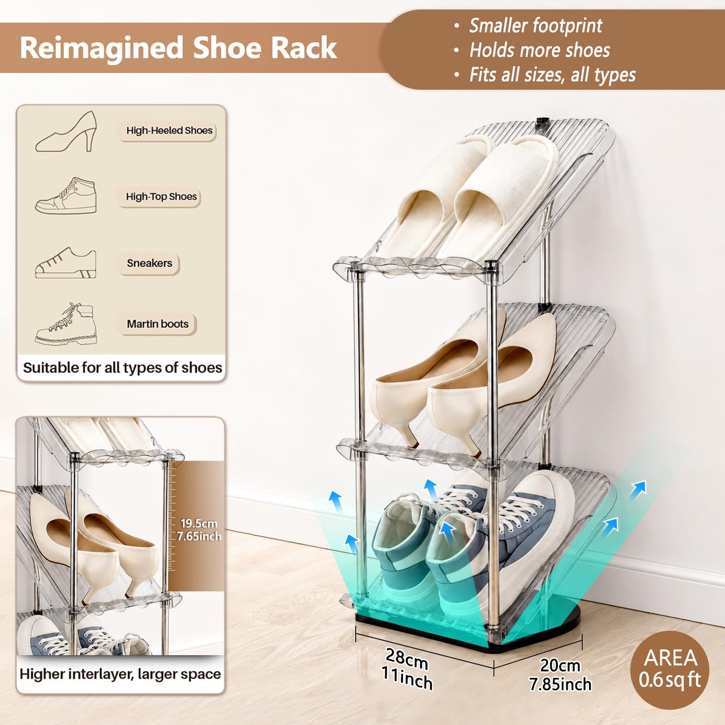 Slanted Narrow Shoe Rack 5 Tiers, Slim Depth Vertical Shoe Shelf - 1 Pack