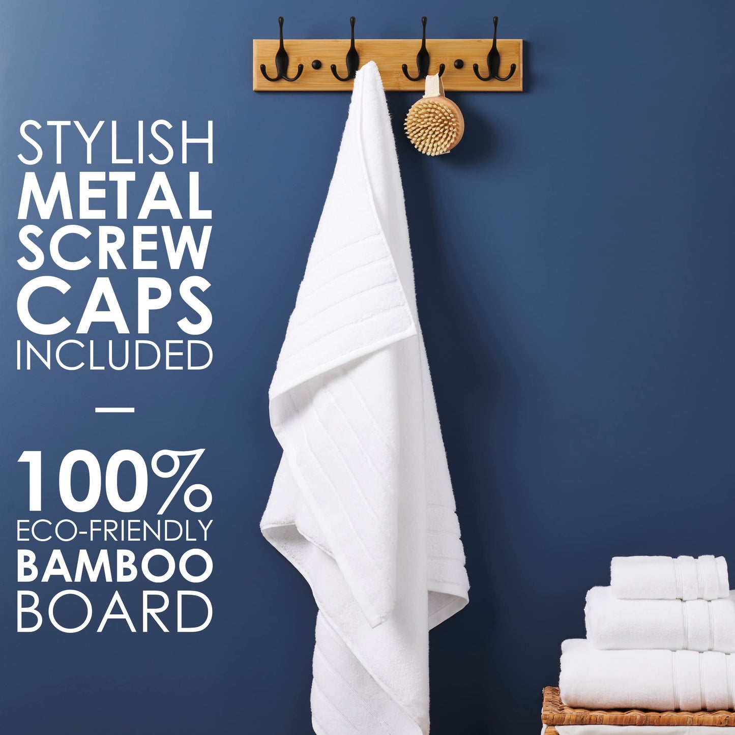 LARHN Wooden Wall-Mounted Coat Rack - 4 Black Coat Hooks, 42cm