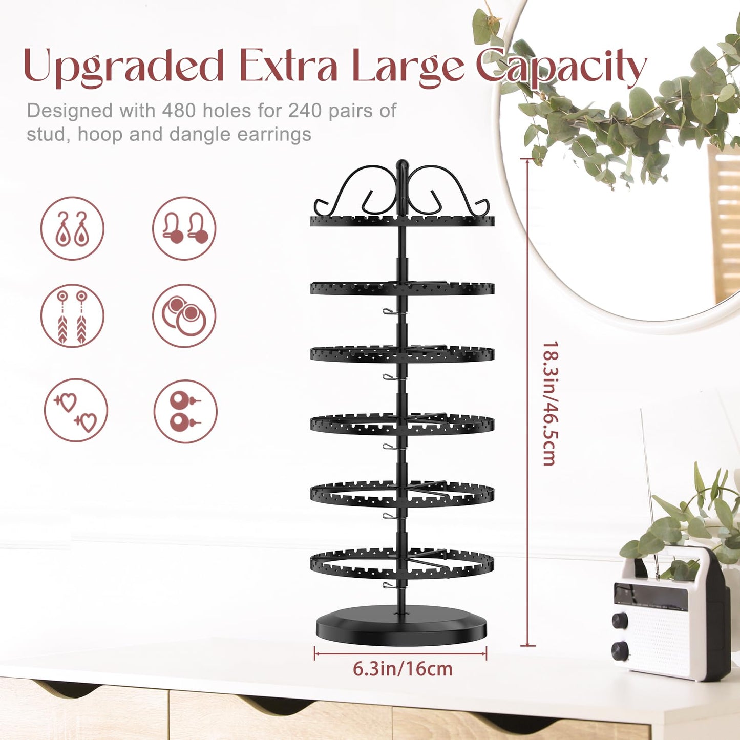 TANOSAN Rotating Earring Holder Organizer Metal Stand Display, 6 Tier Black