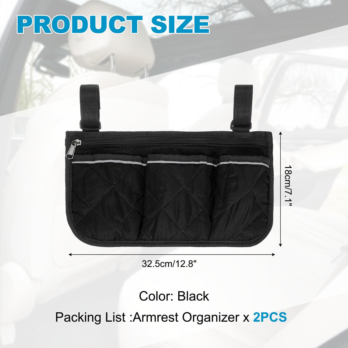 YELARXI Beach Chair Armrest Bag, Beach Side Bag Hanging Storage Organizer with Reflective 4 Pockets Waterproof Pouch 13 x 7" & 2Pcs & Black - Fit for