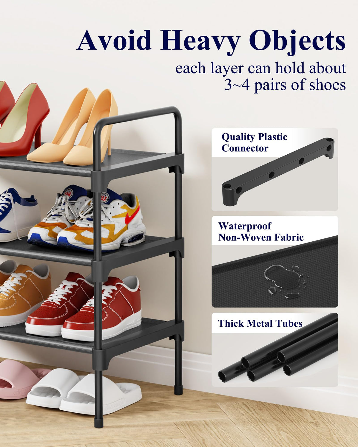 Kitsure Space-Saving Shoe Rack for Closet, 70.0 cm Wide - 3 Tiers, Black