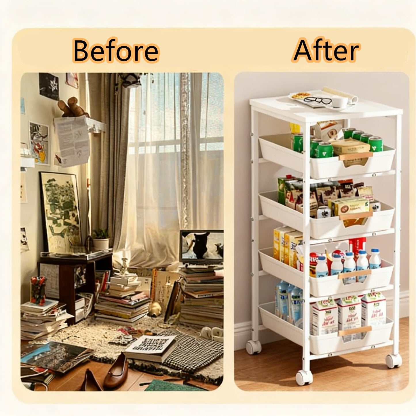 CarolynDesign 5-Tier Metal Frame Organizer Utility Cart with Wooden Top, Multi Functional Rolling Wheels Storage with Pull Out Drawers for Kitchen