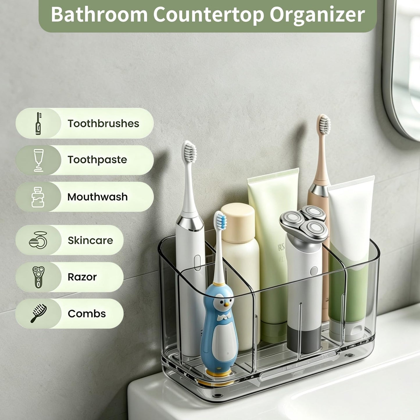 5-Slot Electric Toothbrush Holder Wall Mount Countertop, No-Drill