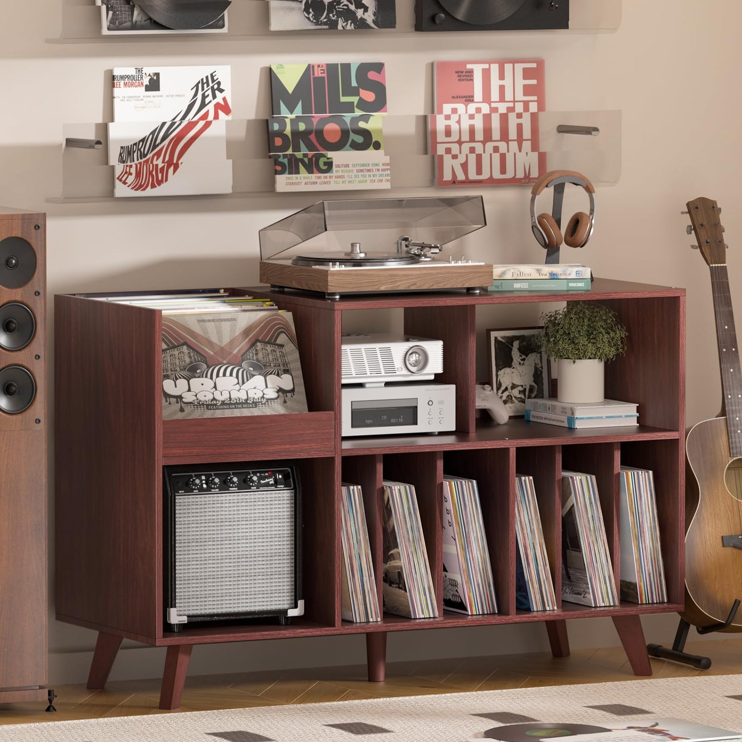 LELELINKY Large Record Player Stand, Turntable Stand with Storage, Vinyl Holder with Display Area, Record Player Table Holds Up to 450 Albums