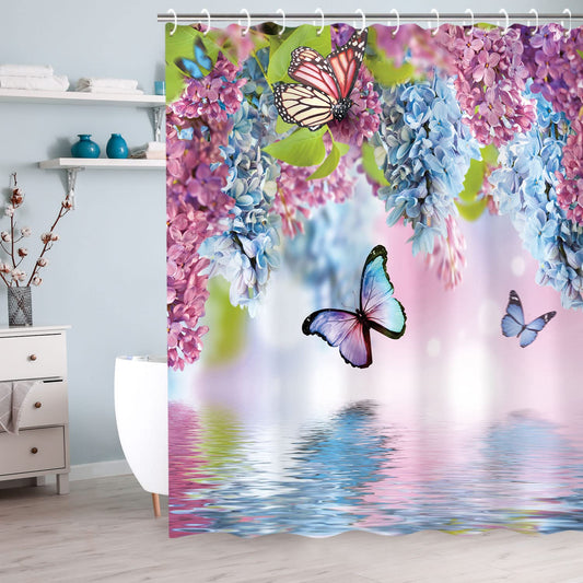 LIVILAN Butterfly Shower Curtains with Hooks, Floral Shower Curtain, Blue Butterfly Shower Curtain, Watercolor Flowers and Green Leaves Fabric