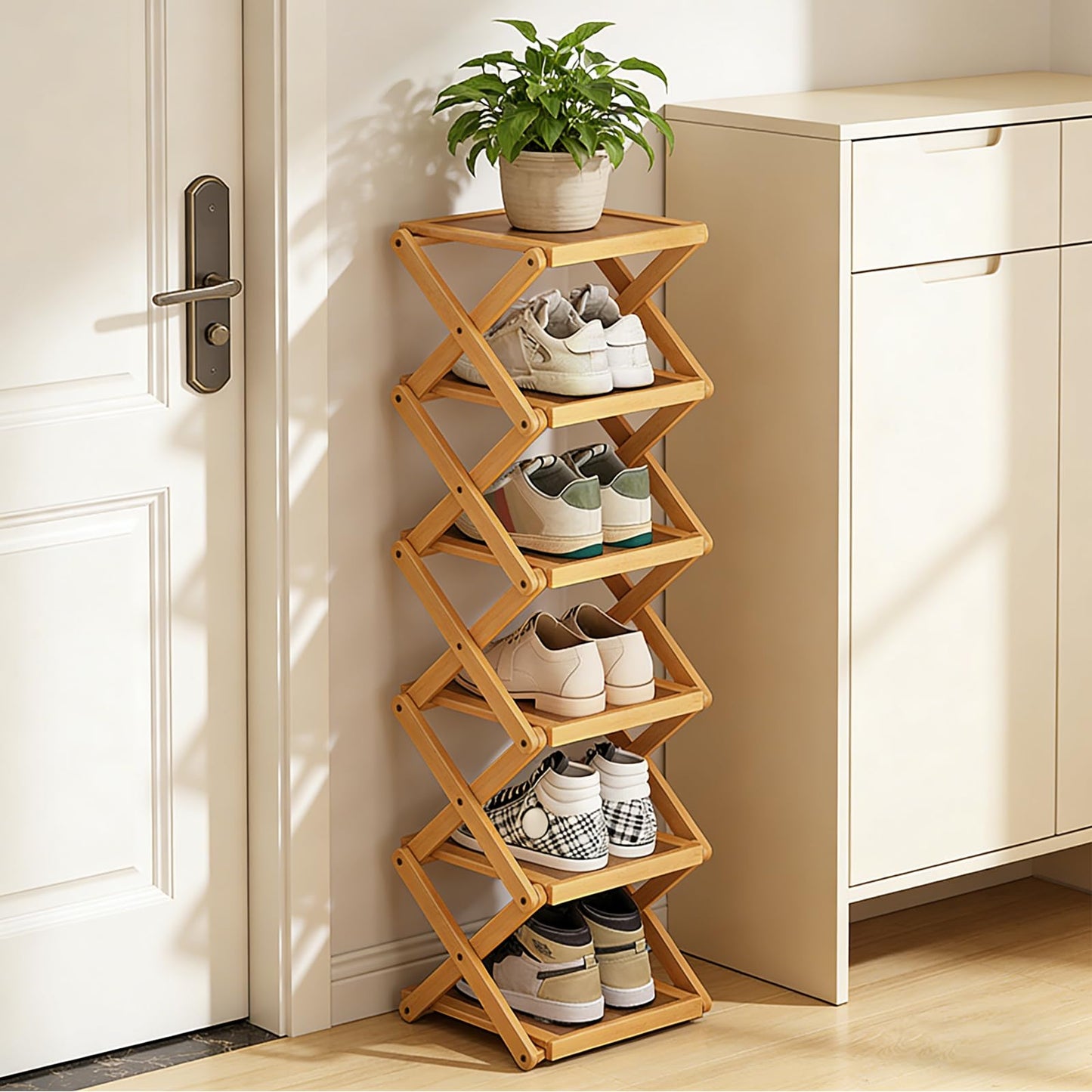 YYW Shoe Rack, Foldable Shoes Organizer Free Standing Shelf for Entryway, Closet, Hallway, Foldable X Shape Multi Tier Shoe Rack (Wood Color,6 Layers)