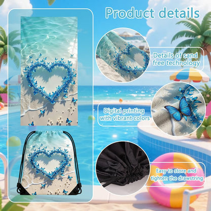 ZPSOSPZ Summer Holiday Beach Towel with Drawstring Bag, Sand Free Quick Dry Lightweight 160×80 Cm Butterfly Bath Towel for Women Girls,Gym Storage