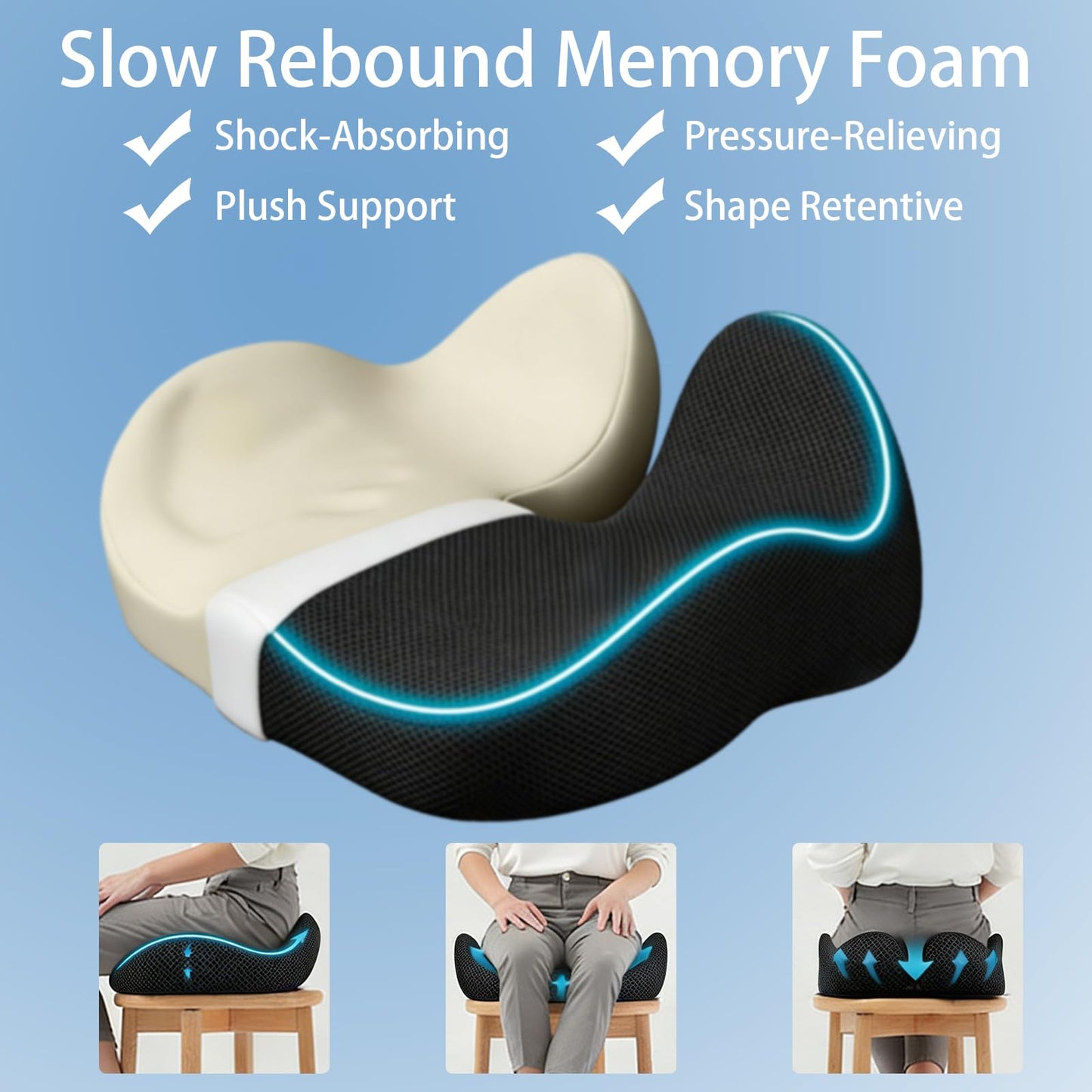 YiZhou Memory Foam Coccyx Cushion for Tailbone & Sciatica Pain Relief | Ergonomic Office Chair Cushion with Non-Slip Base | for Car, Home