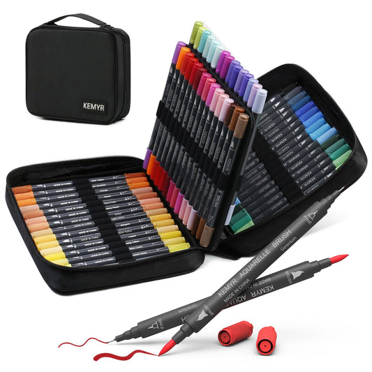 KEMYR Markers for Adult Coloring Books: 60 Color Dual Tip Fine & Brush Pens - Water-Based Coloring Marker for Adults Drawing Sketching Bullet Journal