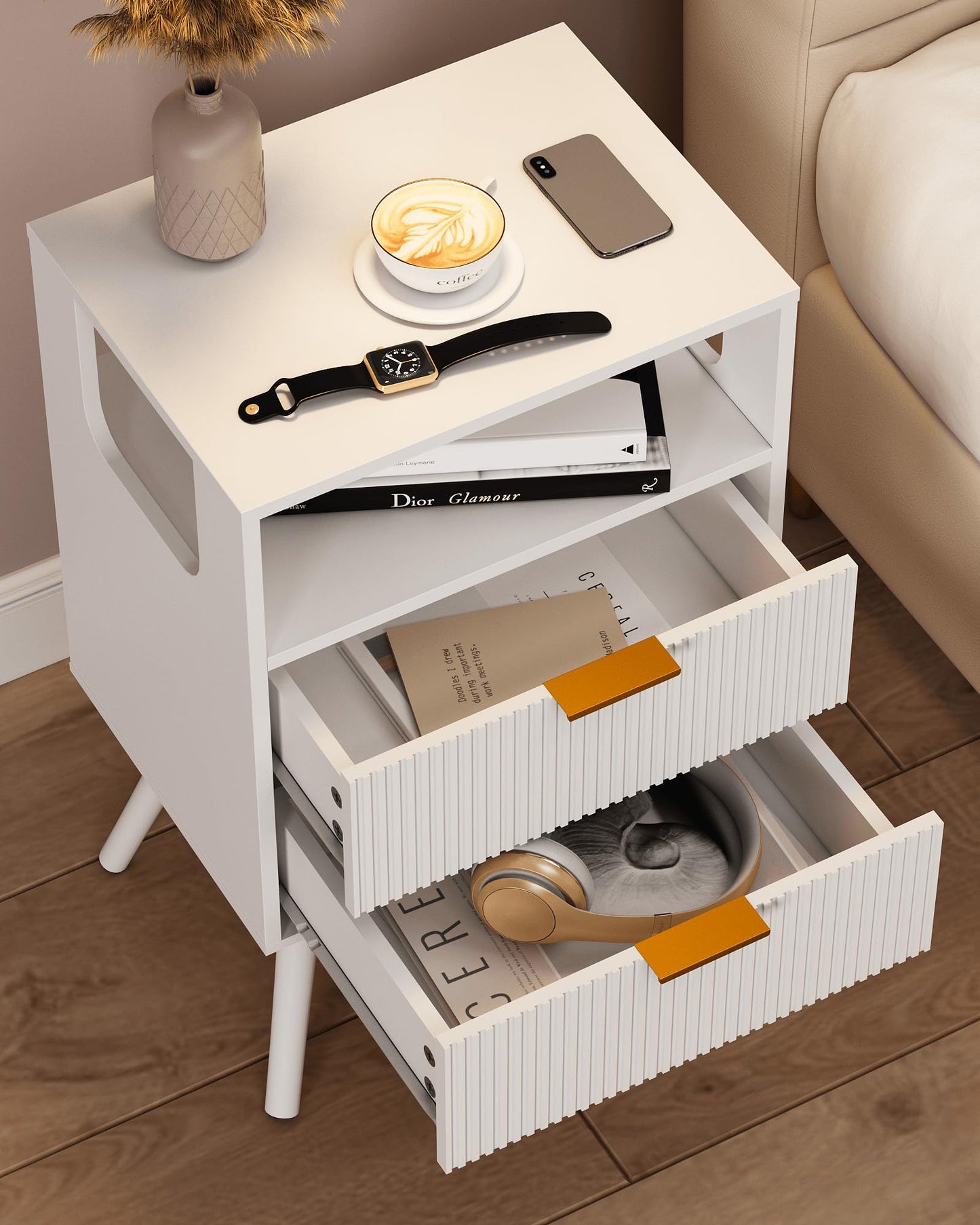JERX Wooden Bedside Table, Nightstand with 2 Storage Drawer and Open Shelf Modern Bedside Cabinet for Bedroom,White