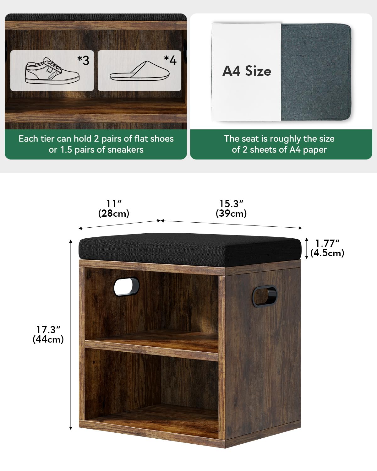 FUBHOMEY 2 Tier Small Shoe Hallway Storage Bench Rustic Brown EFHXD01H