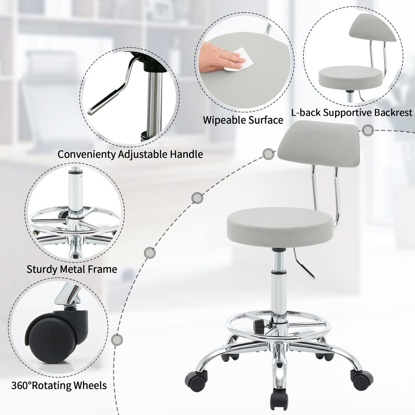 FIRAVOE Height Adjustable Drafting Office Chair with Backrest and Footrest, Swivel Drum Stool, Space-Saving Tattoo Chair 49.5–67.6 cm Height
