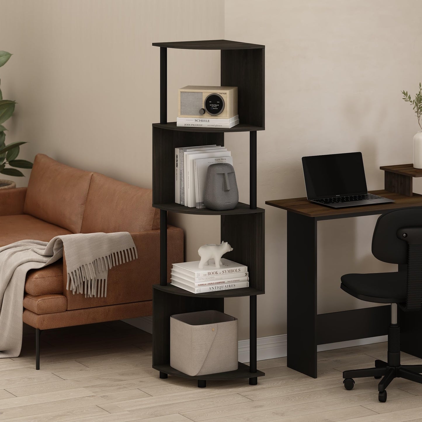Furinno ECON Corner Shelf, 4-Tier Corner Book Shelf, Zigzag Storage Shelves, Display Rack, Bookshelf, for Organization and Storage, Living Room